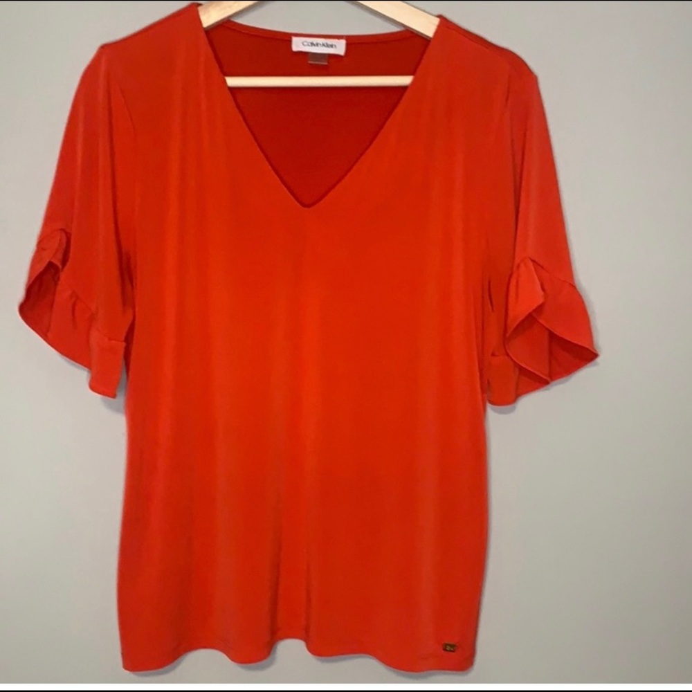 Calvin Klein- Flutter sleeve shirt Medium Red/Orange